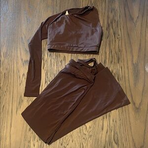 Asymmetrical Mesh Sleeve Crop and Strappy Waist Flare Pants Set